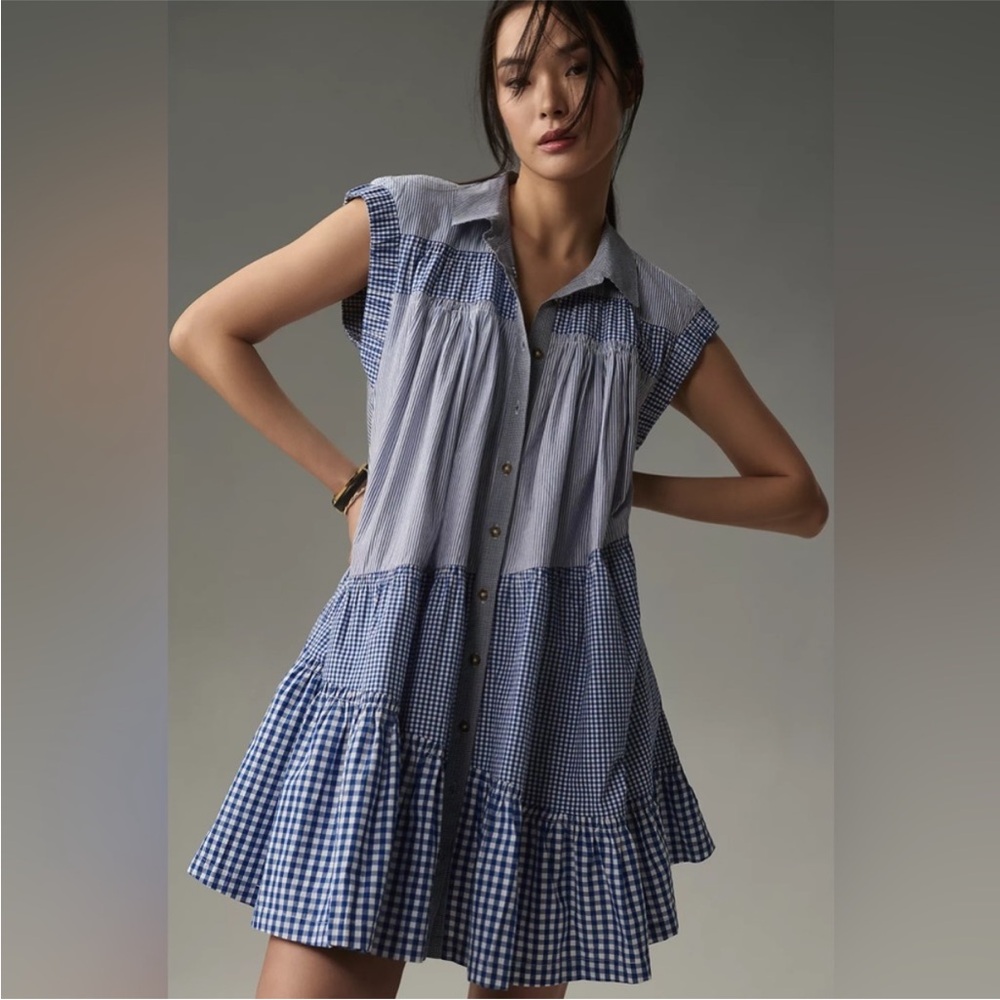 Anthropologie Short Sleeve Gingham Mixed Print Tunic Dress
